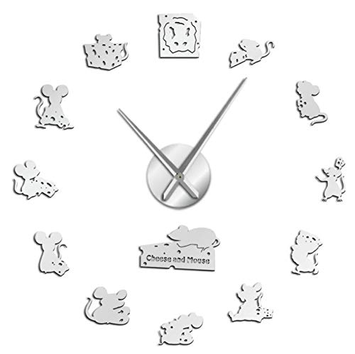 XXYMCB Ratón Reloj de Pared Moderno de Bricolaje Animales de Dibujos Animados Habitación para niños Decoración de Arte de Pared Ratones Robando Queso Reloj de Pared caprichoso-Silver_37_Inch