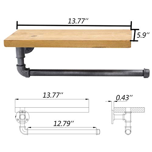 Y-nut Industrial Vintage Toalla de papel soporte para papel higiénico Muro de almacenamiento de madera de hierro de tubería Percha de rollo de tejido con estante para especias, Steampunk cocina