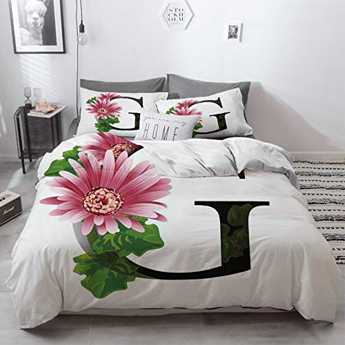 Yaoni Bedding Juego de Funda de Edredón - Letra G, Letra del Alfabeto con Flor de Gerbera floreciente y Fuent/Microfibra Funda de Nórdico y Fundas de Almohada - (Cama 200 x 200cm + Almohada 63X63cm)