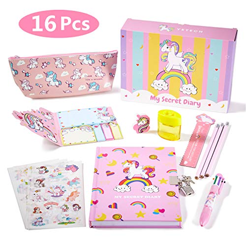 Yetech Set de papelería Unicornio-Cuaderno con Cerradura de Unicornio Regalo de cumpleaños de Navidad para niñas Edades 4 5 6 7 8 9 10 11