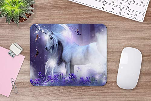 Yeuss Rectangular Antideslizante Unicornio Majestuoso Alfombrilla De Ratón Tres Pequeñas Hadas Mágicamente Brillan. Están Rodeados Flores Y Bosques Púrpuras. Decoración Computadora Escritorio