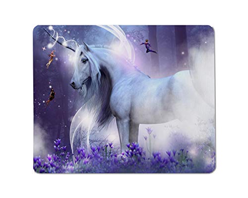 Yeuss Rectangular Antideslizante Unicornio Majestuoso Alfombrilla De Ratón Tres Pequeñas Hadas Mágicamente Brillan. Están Rodeados Flores Y Bosques Púrpuras. Decoración Computadora Escritorio