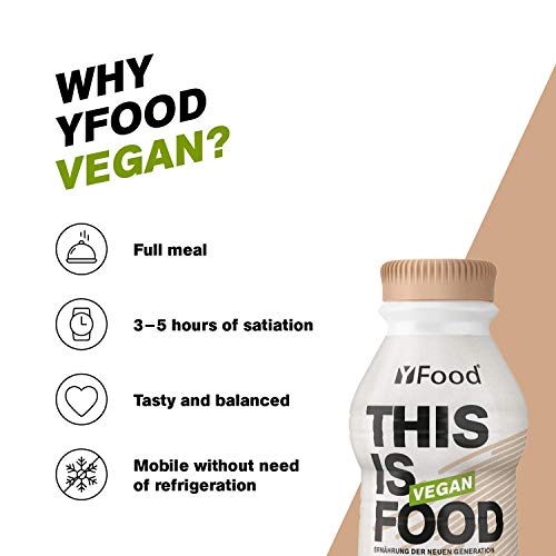 YFood Vegan Cacao | Comida Lista Para Beber | Sustitutivo de comida sin lactosa y sin gluten | 26 g de proteína, 26 vitaminas y minerales | Bebida proteica a base de plantas | 12 x 500 ml (1 kcal/ml)