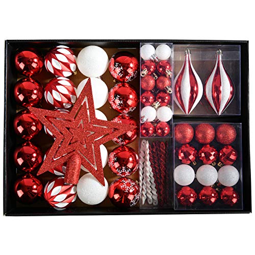 YILEEY Adornos de Navidad Decoracion Arboles de Navidad Bolas de Plastico, Blanco y Rojo, 68 Piezas en 10 Tipos, Caja de Bolas de Navidad de Plástico Inastillable con Percha, Adornos Decorativos