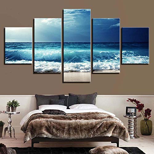 YJJPP Lienzo HD Imprime póster Arte de Pared de Sala de Estar 5 Piezas Olas Azules Antes de la tormenta Pinturas de Paisaje Marino imágenes modulares decoración del hogar