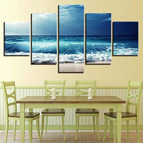 YJJPP Lienzo HD Imprime póster Arte de Pared de Sala de Estar 5 Piezas Olas Azules Antes de la tormenta Pinturas de Paisaje Marino imágenes modulares decoración del hogar