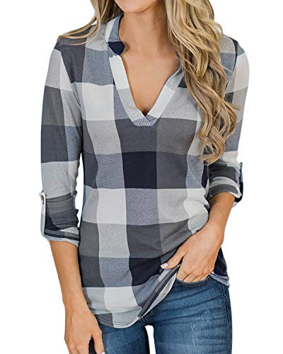 YOINS Blusa Mujer Manga Larga Camiseta Cuello V Camisa Elegante Túnica Casual SueltoTops Otoño Invierno Gris M