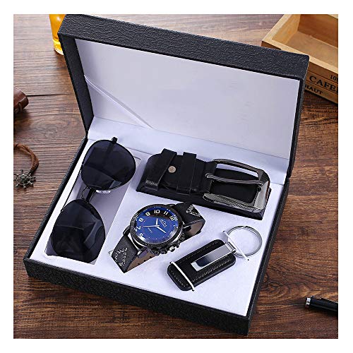 YOLANDE Fashion Negro Hombres Cinturón Llavero Gafas Reloj Temperamento Juegos De Regalo Caja De Regalo Paquete