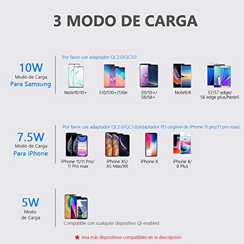 yootech Cargador Inalámbrico, 7.5W Carga Rápida para iPhone SE 2020/11/11 Pro/11 Pro MAX/XS/XR/XS MAX/X/8/8+, 10W para Galaxy S20/S10+/Note 10+/S10E/S9+/Note 9/Note 8/S9/S8+/S8/S7/S6(NO Adaptador)