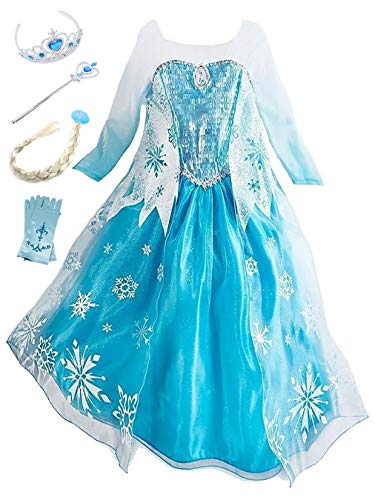 YOSICIL Princesa Disfraz de Princesa Frozen Elsa Disfraces de Princesa Gradiente Fancy Dress Elasticidad niña Lentejuela Impreso Nieve Accesorios con Capas 3-9 años (120CM, Azul)