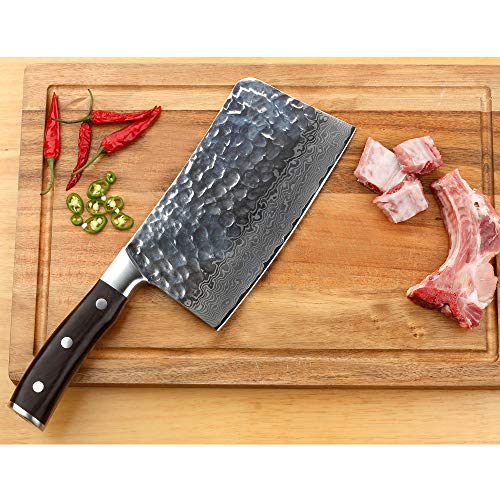 YOUSUNLONG 7,5 Pulgadas VG10 Súper Acero Cuchillo de Chef de 67 Capas Damasco Cuchillo para Picar Forjado para Cortar Huesos, Mango de ébano Respetuoso con el Medio Ambiente SL-CK1009