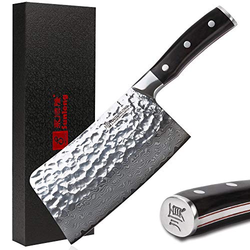 YOUSUNLONG 7,5 Pulgadas VG10 Súper Acero Cuchillo de Chef de 67 Capas Damasco Cuchillo para Picar Forjado para Cortar Huesos, Mango de ébano Respetuoso con el Medio Ambiente SL-CK1009