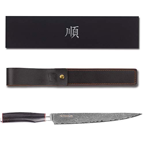 YOUSUNLONG Cuchillo fileteador para Cuchillo de Carne Cuchillo Sashimi Pro 24.5 cm - zurdo - Mango japonés Damasco VG10 Hecho de ébano Natural con Funda de Cuero