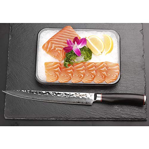 YOUSUNLONG Cuchillo fileteador para Cuchillo de Carne Cuchillo Sashimi Pro 24.5 cm - zurdo - Mango japonés Damasco VG10 Hecho de ébano Natural con Funda de Cuero