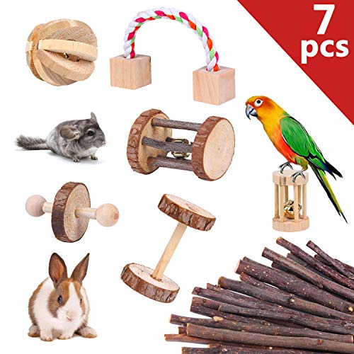 YouthUnion Juguete para Hámster Cotorra, 7pcs Juegos para Moler Dientes Jueguete de Rollo para Mascotas Pequeñas Roedores Conejo Cavia Porcellus Pájaros de Material Madera Manzana