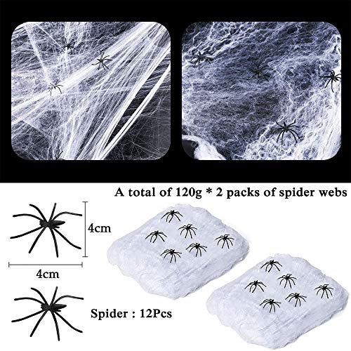 YOUYIKE Telaraña Halloween,Decoración de Halloween Telaraña,120g Tela de Araña con 12 Arañas Decoraciones de Halloween para Materiales de Fiesta de Halloween (2 Sets)