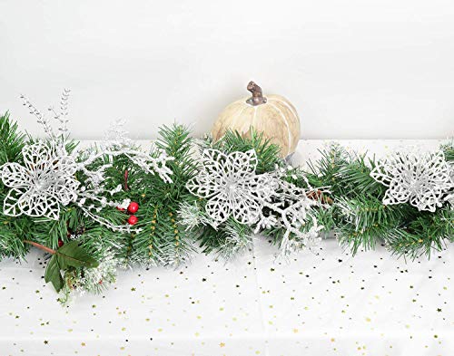 YQing 4 Paquetes de Tallos Florales navideñas con Purpurina Plateada con Flores y Hojas Artificiales de Navidad para la decoración navideña y la decoración del hogar