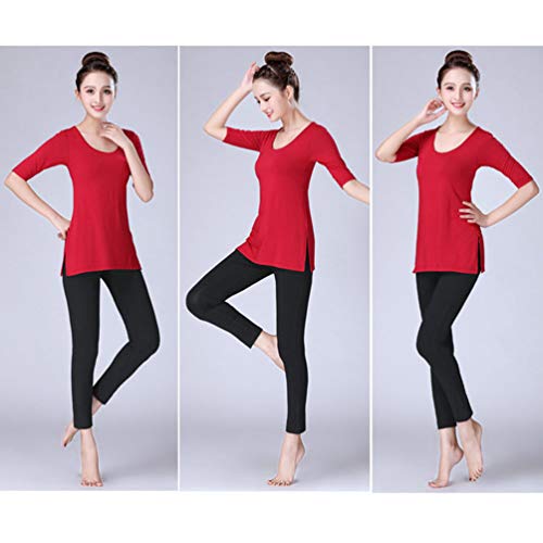 Yujeet Yoga/Danza Mujeres Manga Corta Color Sólido Camisa Larga Top Entrenamiento Ropa & Pantalones (Vino Rojo, Asia 3XL)