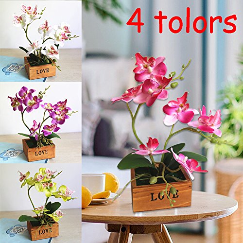 Yunt Phalaenopsis Mariposas Orquídeas Bonsai con Maceta de Madera Suministros de Bricolaje Decoración para el Hogar Flores de Seda Artificial Ramo de Flores de Seda Plantas Plásticas Púrpura