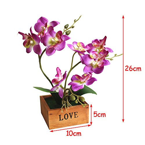 Yunt Phalaenopsis Mariposas Orquídeas Bonsai con Maceta de Madera Suministros de Bricolaje Decoración para el Hogar Flores de Seda Artificial Ramo de Flores de Seda Plantas Plásticas Púrpura