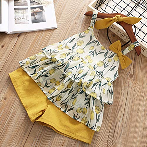 YWLINK 3PC Mezcla De Algodon Ropa De NiñOs Top Camisola Estampado TulipáN Camiseta+Pantalones Cortos De Color SóLido+Banda De Pelo Vestido De Fiesta(Amarillo,2-3 años/110)