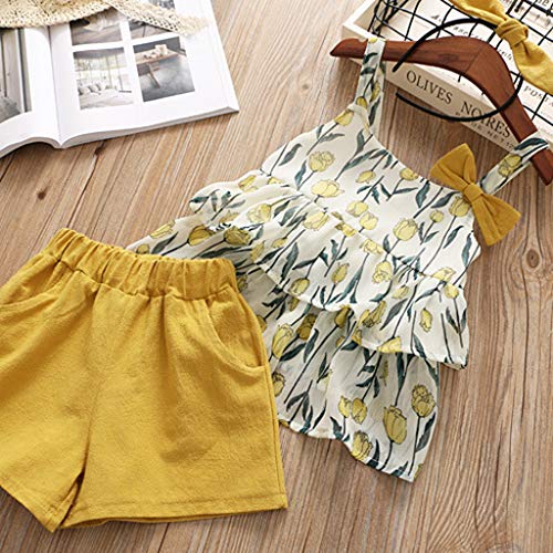 YWLINK 3PC Mezcla De Algodon Ropa De NiñOs Top Camisola Estampado TulipáN Camiseta+Pantalones Cortos De Color SóLido+Banda De Pelo Vestido De Fiesta(Amarillo,2-3 años/110)