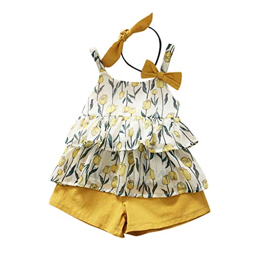 YWLINK 3PC Mezcla De Algodon Ropa De NiñOs Top Camisola Estampado TulipáN Camiseta+Pantalones Cortos De Color SóLido+Banda De Pelo Vestido De Fiesta(Amarillo,2-3 años/110)