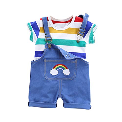 YWLINK Verano Al Aire Libre Mezcla De Algodon Manga Corta Rayas Arcoiris Camiseta +Babero Arcoiris Pantalones Cortos Traje De 2 Piezas Regalo Blanco, Amarillo, Azul, Café 6 Meses-3AñOs