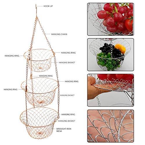 YYZZ Fruit basket,3 Tier Kitchen Hanging Fruit Basket Wire Hanging Folding Basket Hook Design Save Space For Kitchen Halls Rooms StorageStorage Baskets