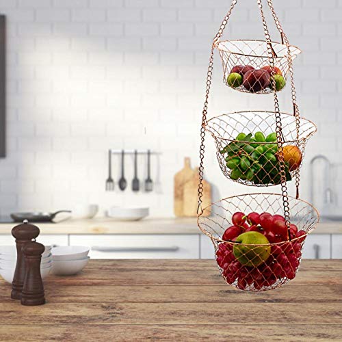 YYZZ Fruit basket,3 Tier Kitchen Hanging Fruit Basket Wire Hanging Folding Basket Hook Design Save Space For Kitchen Halls Rooms StorageStorage Baskets