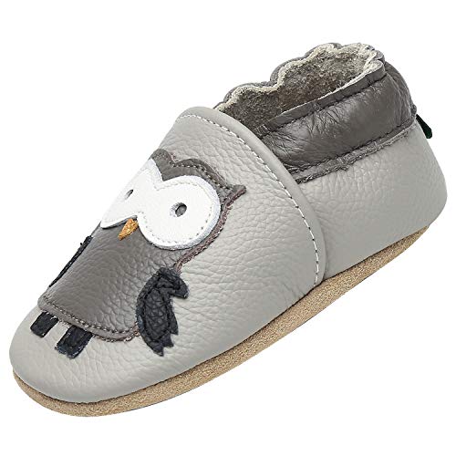 Zapatillas de Cuero Bebe Niño Niña Blandos Flexibles Zapatos para Gatear Infantil Antideslizante Zapatitos Primeros Pasos Comodas Ligeros Pantuflas Bebé, Búho Gris 18-24 Meses