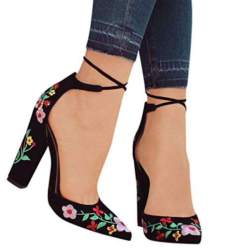 Zapato mujer negro bordado, Covermason Bordado de flores silvestres para mujeres con puntas crudas de tacón alto