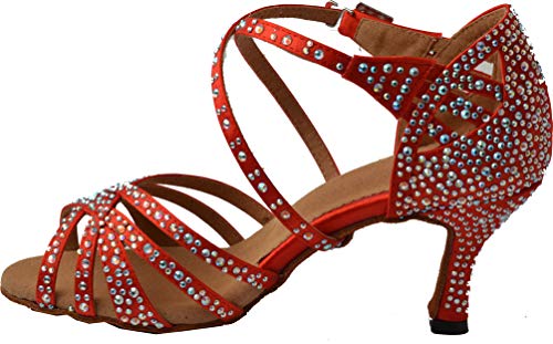 Zapatos de Baile Profesionales con tacón Personalizado para salón de Baile con Correas de Cuerpo Latino con Diamantes de imitación para Mujer, Color Rojo, Talla 18.5 EU