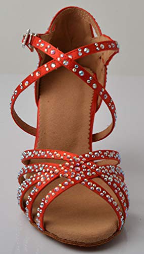 Zapatos de Baile Profesionales con tacón Personalizado para salón de Baile con Correas de Cuerpo Latino con Diamantes de imitación para Mujer, Color Rojo, Talla 18.5 EU