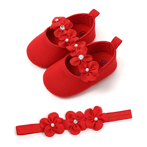 Zapatos de Niña con Diadema Regalo Set Bautizo Lovely Algodón Flor Suave Suela Zapatillas Antideslizantes Zapatos de Princesa