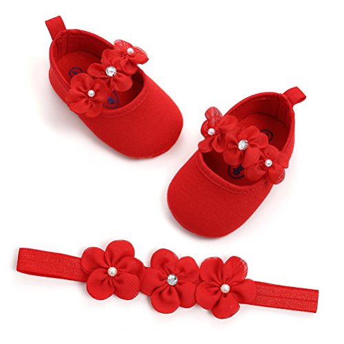 Zapatos de Niña con Diadema Regalo Set Bautizo Lovely Algodón Flor Suave Suela Zapatillas Antideslizantes Zapatos de Princesa