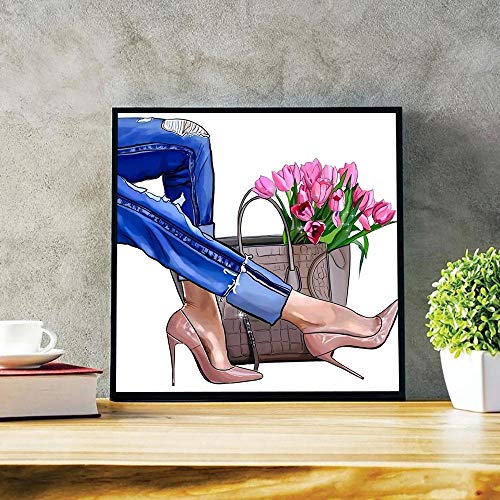 ZDFDC Moda Zapatos de tacón Alto Flor Mujer Pintura sobre Lienzo Carteles e Impresiones Cuadro de Pared para Dormitorio Sala de Estar Decoración-50x50cmx2 sin Marco