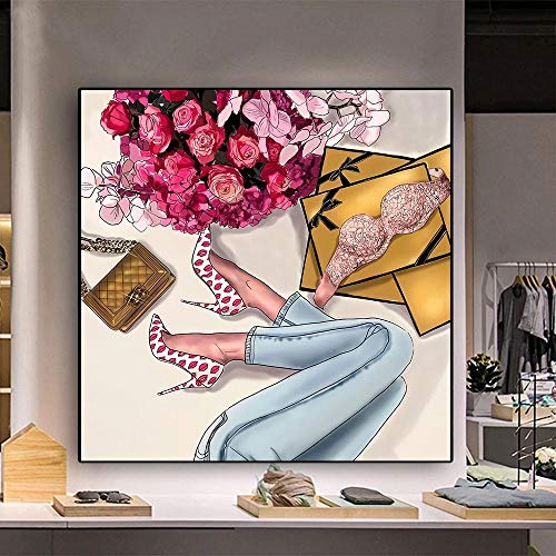 ZDFDC Moda Zapatos de tacón Alto Flor Mujer Pintura sobre Lienzo Carteles e Impresiones Cuadro de Pared para Dormitorio Sala de Estar Decoración-50x50cmx2 sin Marco