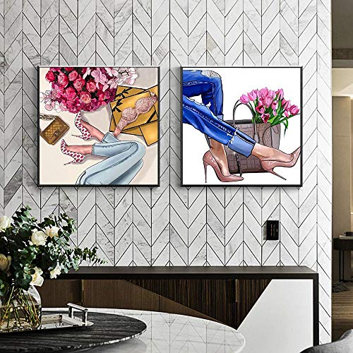 ZDFDC Moda Zapatos de tacón Alto Flor Mujer Pintura sobre Lienzo Carteles e Impresiones Cuadro de Pared para Dormitorio Sala de Estar Decoración-50x50cmx2 sin Marco