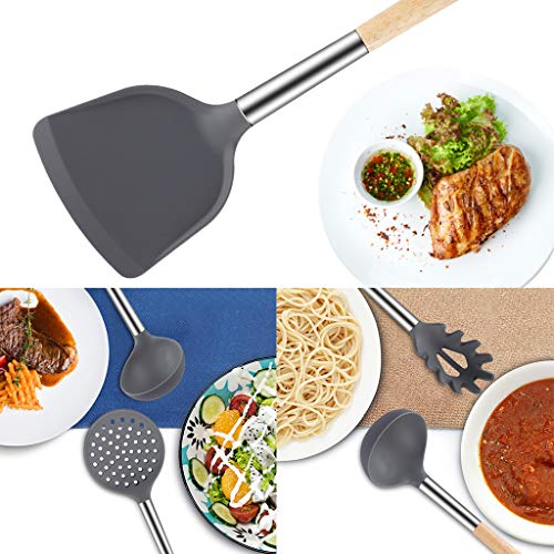 Zeattain Utensilios de Cocina de Silicona,6 Piezas Utensilios Silicona Cocina Herramientas Antiadherentes Resistentes al Calor, No Tóxicas, Accesorios de Cocina con Mango de Acero Inoxidable y Madera