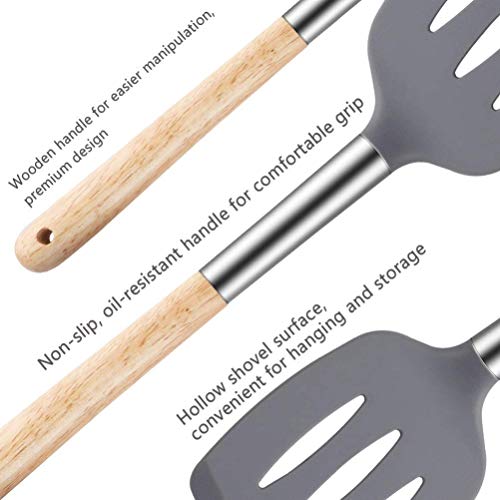 Zeattain Utensilios de Cocina de Silicona,6 Piezas Utensilios Silicona Cocina Herramientas Antiadherentes Resistentes al Calor, No Tóxicas, Accesorios de Cocina con Mango de Acero Inoxidable y Madera