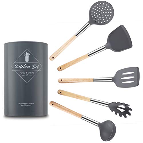 Zeattain Utensilios de Cocina de Silicona,6 Piezas Utensilios Silicona Cocina Herramientas Antiadherentes Resistentes al Calor, No Tóxicas, Accesorios de Cocina con Mango de Acero Inoxidable y Madera