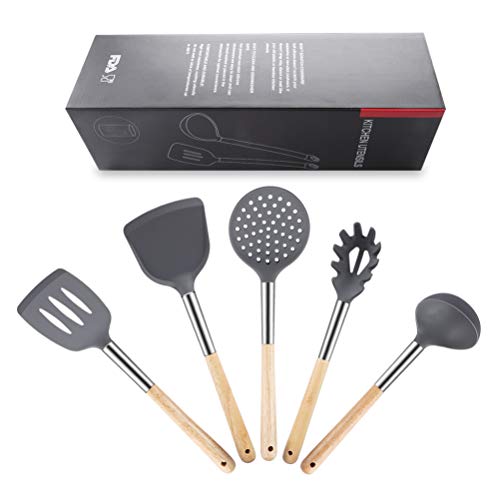 Zeattain Utensilios de Cocina de Silicona,6 Piezas Utensilios Silicona Cocina Herramientas Antiadherentes Resistentes al Calor, No Tóxicas, Accesorios de Cocina con Mango de Acero Inoxidable y Madera