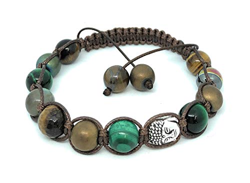 Zebredellas Shamballa Pulsera única Imamu labradorita malaquita verde/marrón ojo de tigre piedras preciosas cuentas hechas a mano en Gran Bretaña Zodiaco: Capricornio – Leo A1