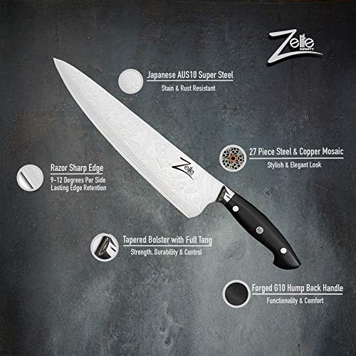 Zelite Infinity Cuchillos Cocina Cuchillo Chef 25cm – Serie ExecutivePlus – Cuchillos Cocina Pro-fesional Acero Japonés Damasco AUS10 45 Capas – Cuchillos Japoneses Hoja Profunda 60 mm, Funda de Cuero