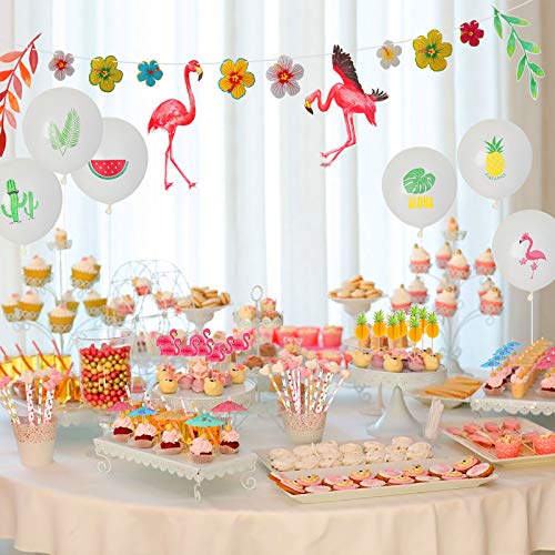 ZERHOK 115pcs Decoración de Fiesta Tropical Hawaiana Decoración de Fiesta de ALOHA con Pancarta de Flamenco Pajitas de Papel Piña Toppers de Pastel Hojas de Palma para Playa Verano Hawai