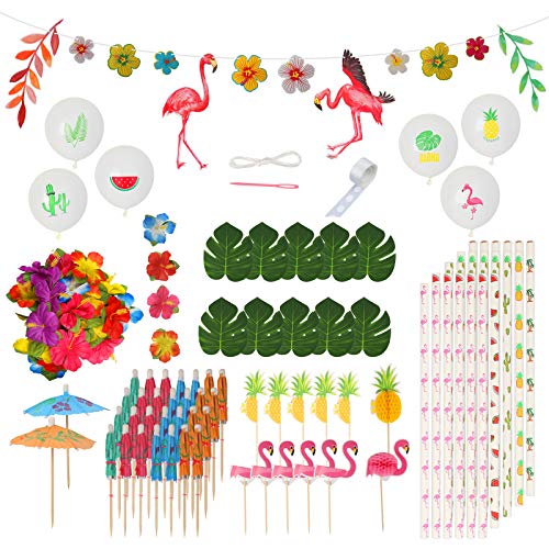 ZERHOK 115pcs Decoración de Fiesta Tropical Hawaiana Decoración de Fiesta de ALOHA con Pancarta de Flamenco Pajitas de Papel Piña Toppers de Pastel Hojas de Palma para Playa Verano Hawai