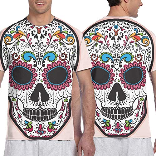 Zhgrong Camisetas de Hombre Coloridas Calaveras de azúcar mexicanas Day Dead Camisetas clásicas de algodón con Cuello Redondo para Hombres