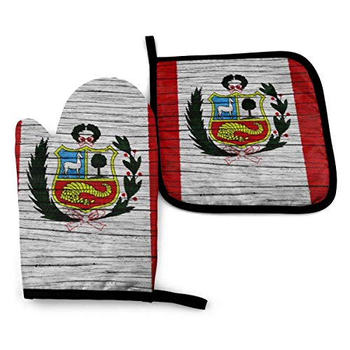 ZHSL Perú Textura de madera Bandera peruana Novedad 2 piezas Accesorios de cocina para el hogar Mitón para horno y soporte para ollas para barbacoa Cocinar Hornear Asar a la parrilla Barbacoa Impresió