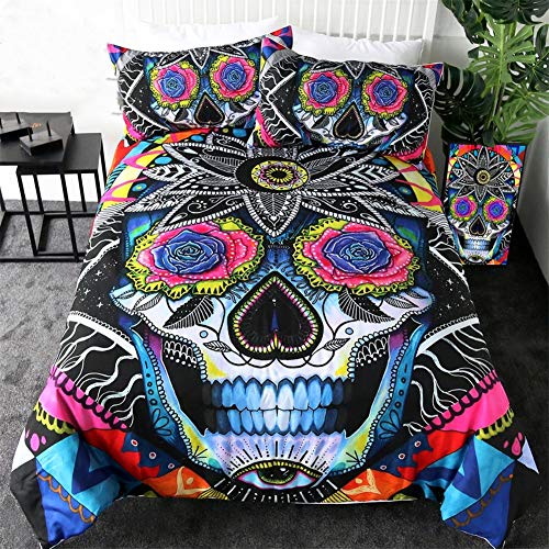 ZHYY Juego de sábanas de Calavera de azúcar Juego de Funda nórdica Floral Ropa de Cama Colorida Flor Rosa Textiles góticos for el hogar 3 Piezas (Color : Negro, Size : UK King-220×230cm)